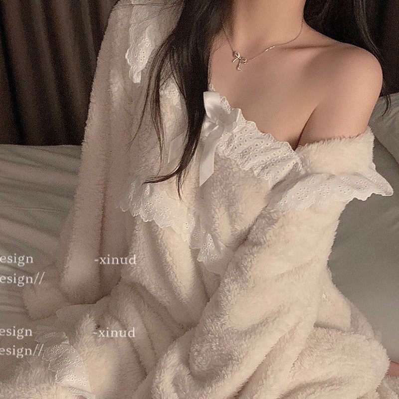 高级感花边睡衣女珊瑚绒秋冬新款宫廷风睡裙加绒法兰绒家居服套装,淘宝优惠券,粉丝福利购,淘宝优惠卷