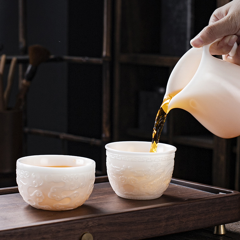 钰铨龙门 冰种润白倾城之恋对杯 高档白瓷素烧浮雕情侣茶杯礼盒装