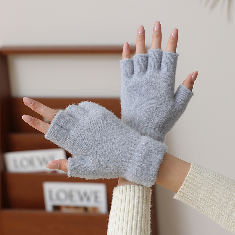 半指手套针织毛线保暖秋冬季学生写字成人工作男女同款露五指黑色 - 图1