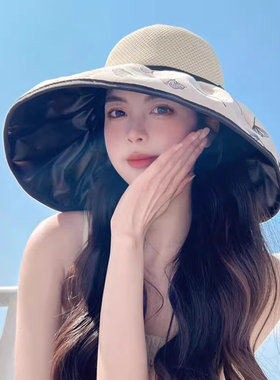 夏季蝴蝶结渔夫帽子女款2025新款韩版户外黑胶遮阳防晒百搭太阳帽