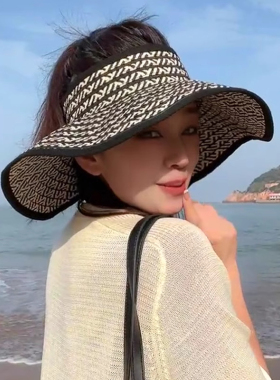 大帽檐草编空顶帽子女夏出游海边遮阳凉帽可折叠大头围防晒太阳帽