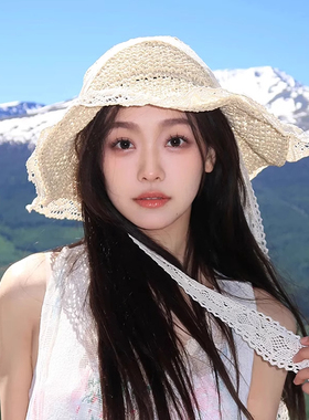 蕾丝系带草帽子女款2025新款夏海边沙滩度假遮阳帽防紫外线太阳帽