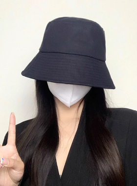 黑色渔夫帽子2025新款女春秋遮阳防晒大头围高级感水桶盆帽显脸小