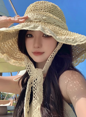海边度假草帽女款夏天草编渔夫帽蕾丝沙滩太阳帽遮阳帽防晒帽子潮