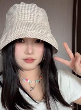 格子渔夫帽甜美风女夏季