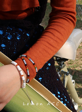 心跳白沙岛*天然玉石贝壳手链度假风爱心吊坠手作18k金串珠手串