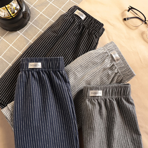 男士内裤阿罗裤宽松版透气纯棉四角裤衩居家睡裤男款大码条纹平角 - 图2