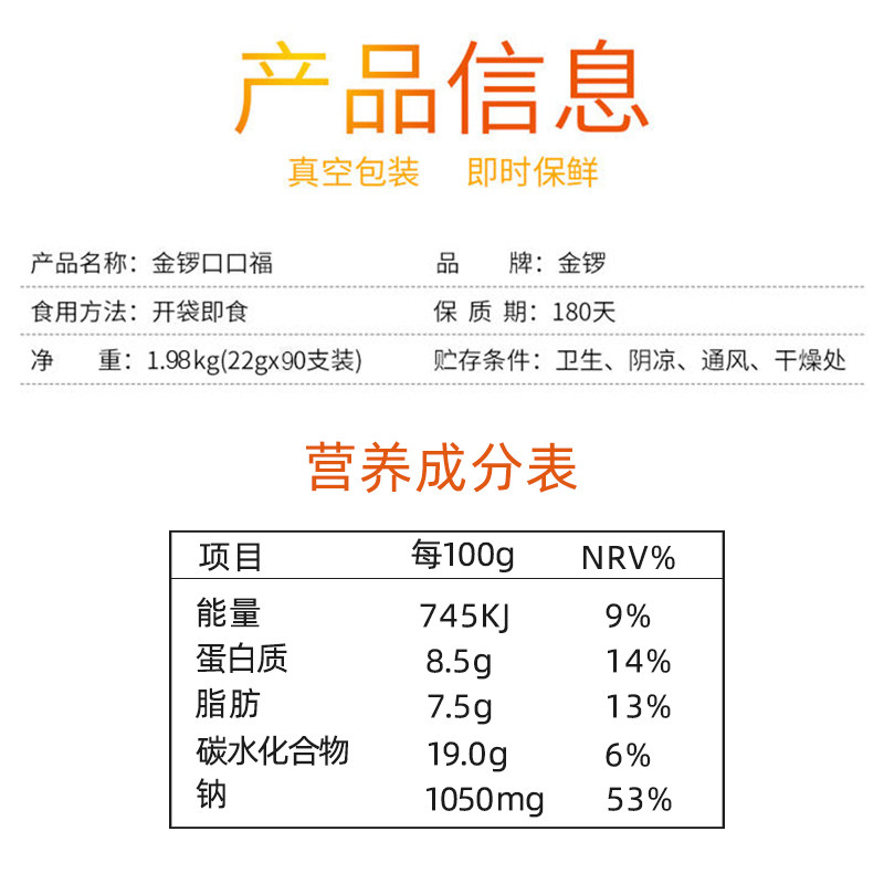 金锣口口福火腿肠22g*90支装麻辣烫 叮叮食品包装即食肠类