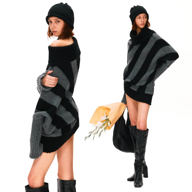 KVKV 羊毛马海毛复古蝙蝠袖两穿斜肩黑灰条纹毛衣,淘宝优惠券,粉丝福利购,淘宝优惠卷