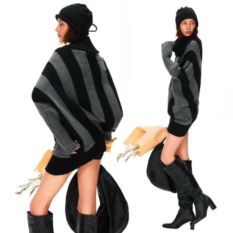 KVKV 羊毛马海毛复古蝙蝠袖两穿斜肩黑灰条纹毛衣,淘宝优惠券,粉丝福利购,淘宝优惠卷