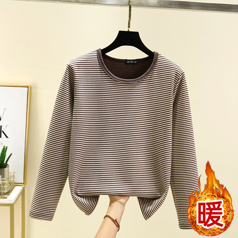 德绒条纹长袖上衣冬季加绒保暖圆领打底衫女加厚大码显瘦睡衣上装,淘宝优惠券,粉丝福利购,淘宝优惠卷