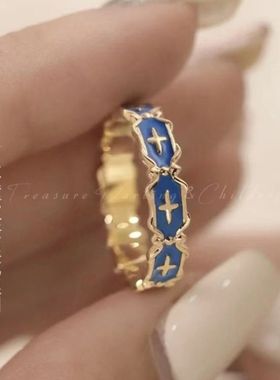 气质戒指女ins小众开口花纹孔雀绿食指戒尾戒指环