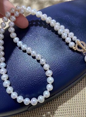 洋气OT扣~天然5-6mm项链8-9mm吊坠近圆强光细微瑕邻家珍珠少女