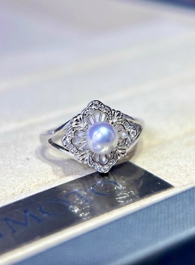 大牌同款戒指~5-6mm极光真多麻akoya海水珍珠贝母配件优雅宫廷风
