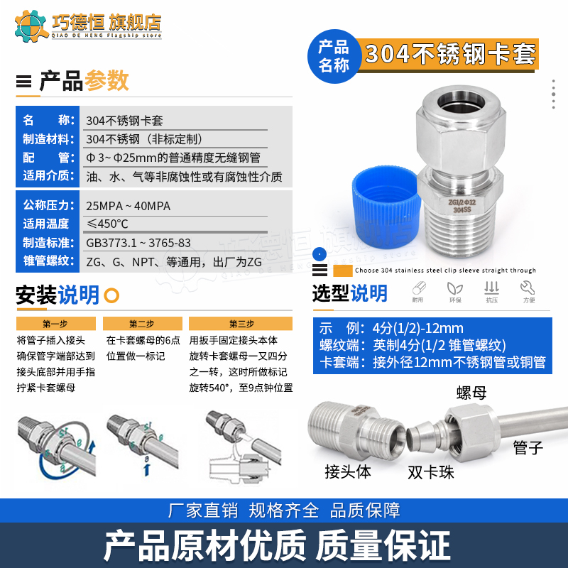 304不锈钢卡套接头ZG仪表气源铜管RC双卡套式直通终端英制管接头