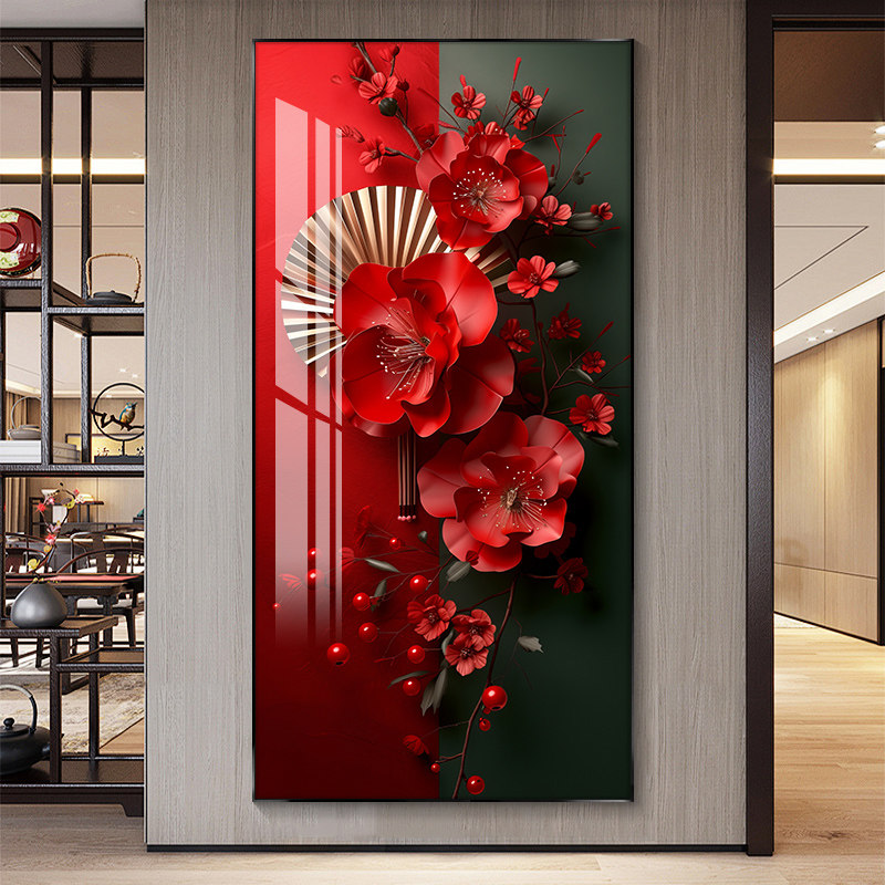 红色喜庆中国风入户玄关装饰画走廊过道挂画竖版酒店楼梯拐角壁画