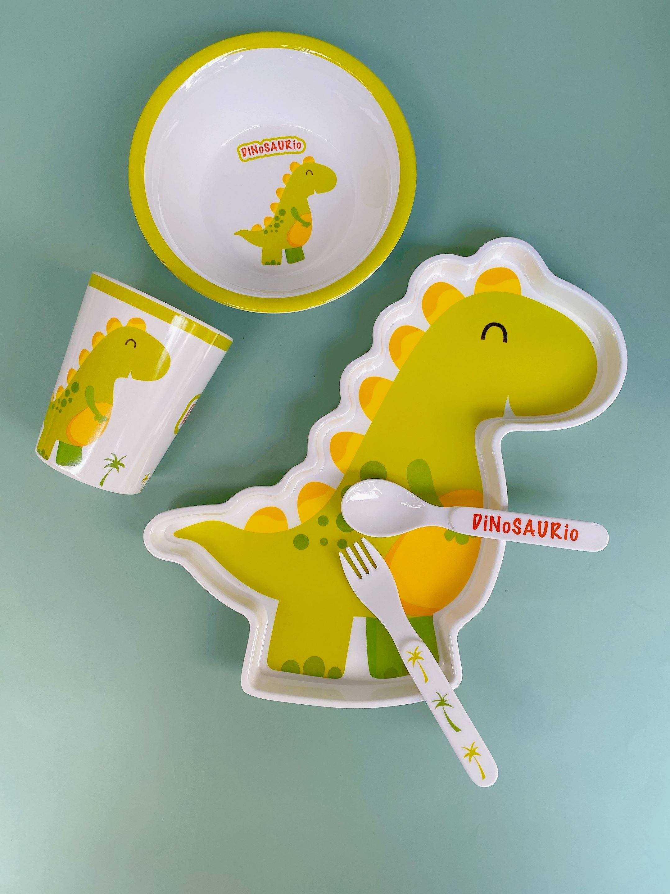 创意卡通恐龙儿童餐盘饭盘密胺防摔餐具霸王龙五件套早餐分格盘