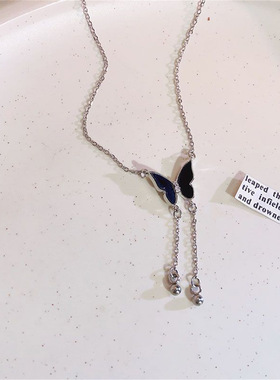 纯欲黑色流苏吊坠毛衣项链轻奢小众锁骨链女项坠/吊坠合金