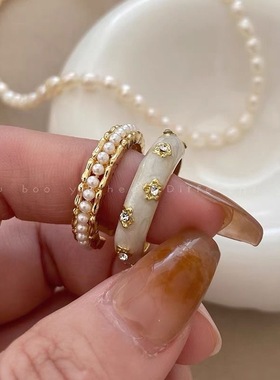 高级感珍珠水钻开口戒指复古指环