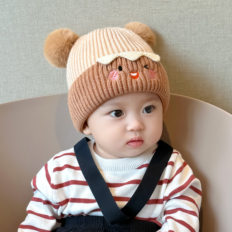 宝宝帽子秋冬季可爱毛球套头帽婴幼儿针织毛线加厚护耳男女超萌潮