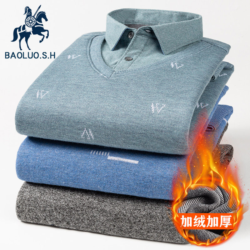 保罗假两件衬衫男长袖中青年毛衣 保罗奢悍衬衫