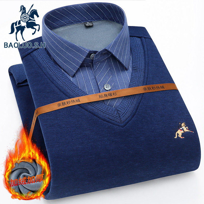 保罗男士衬衫加绒加厚长袖修身毛衣 保罗奢悍衬衫
