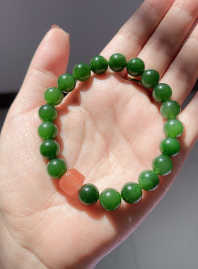 新疆和田玉碧玉手串天然菠菜绿色圆珠10mm冰底老坑料无黑点