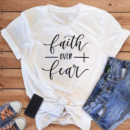 Faith Over Fear T-shirt Women Oversize Cotton Summer Tee Top - 图0