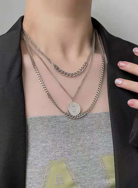 crivla美人头钛钢网红三层颈链