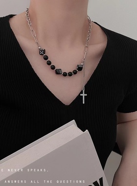 日韩风骰子十字架钛钢项链子男女