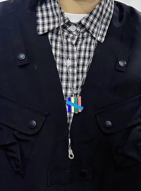 CRIVLA彩虹不败五条杠钛钢项链男女ins街头网红嘻哈钛吊坠毛衣链