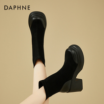 Daphne heightening 8 5CM ~ small sub thick bottom coarse heel elastic cotton boot matching skirt casual short boot female plus suede