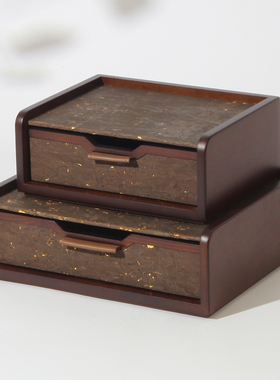 现代中式意大利进口银箔黑木抽屉盒复古实木首饰盒桌面收纳盒摆件