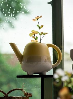 【太好看瞭叭】家居陶瓷壶形插花花器摆件花园园艺养花壶浇水壶