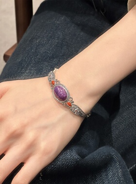 925银中式民族风紫龙石蛋面手镯