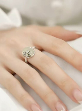 925银复古新中式和田玉竹节蛋面戒指环开口调节民族风小众高级感