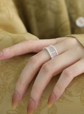 925银复古中式波浪蕾丝豆豆戒指