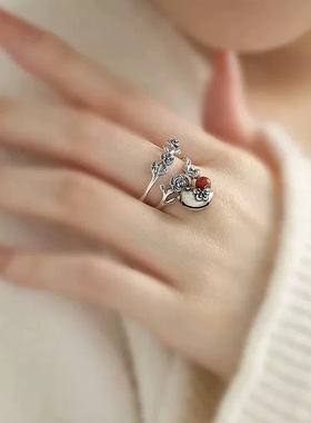 925银复古新中式玫瑰小鸟南红戒指环开口调节做旧女小众设计高级