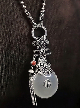 925银复古新中式和田玉琵琶吊坠毛衣链项链百搭做旧简约高级感女