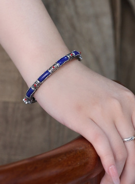 925银复古中式青金石无事牌手镯