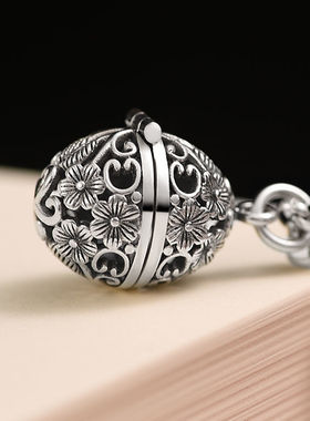 s925银镂空蛋形圆复古风香囊吊坠