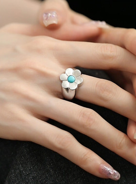 925银绿松石六瓣花小花拉丝戒指
