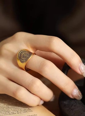 925银复古新中式古金色圆点戒指