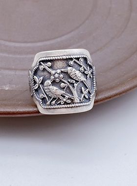 复古梅花喜鹊宽版开口调节戒指环