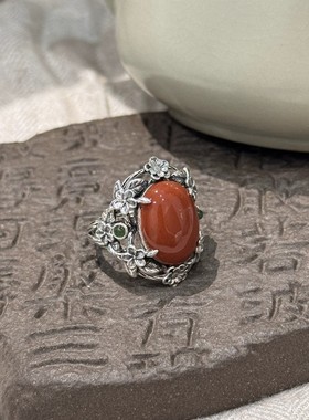 925银复古新中式镂空繁花晴水和田玉南红蛋面戒指环开口调节简约