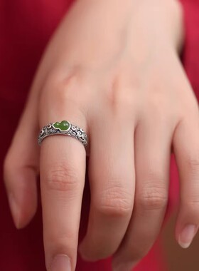 925银复古新中式和田玉南红福禄葫芦戒指环开口调节精致高级感女