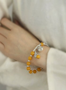 925银复古新中式琥珀蜜蜡平安喜乐招财猫弯管手链手串民族风女士