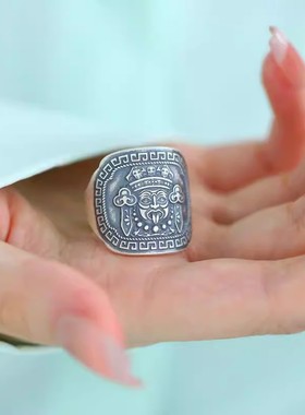 925银复古新中式宽版扎基拉姆大戒指环开口调节女小众设计高级感