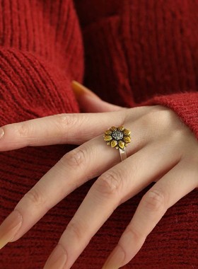925银复古中式珐琅滴釉菊花戒指
