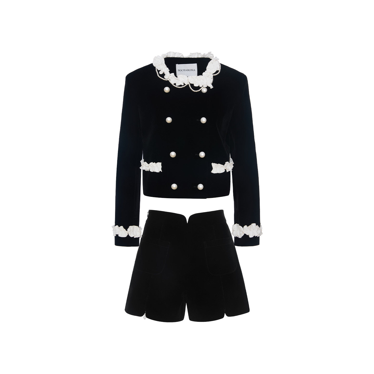 ROCHAROMMA 2025秋季新款珍珠领丝绒外套短裤两件套女小香风套装,淘宝优惠券,粉丝福利购,淘宝优惠卷